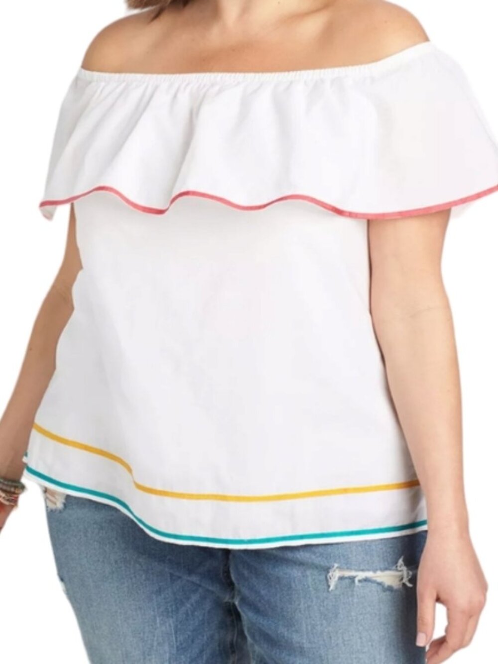 Lane Bryant White Off-Shoulder Blouse with Pink, Yellow & Teal Trim Size 18/20
